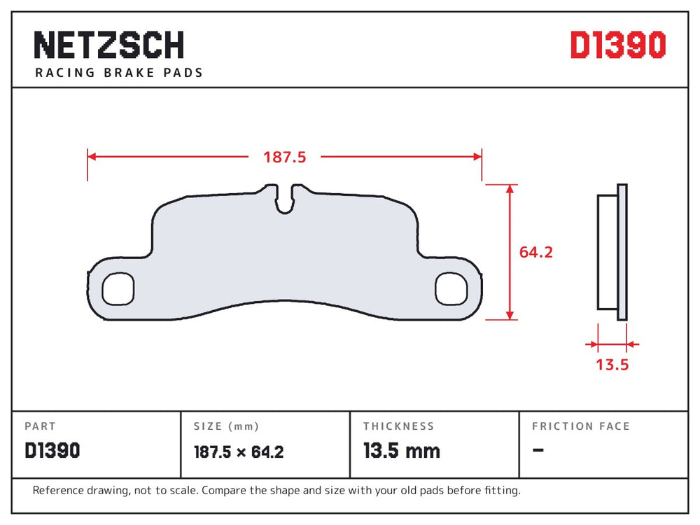 NETZSCH D1390 brake pad drawing, 13.5 mm thick