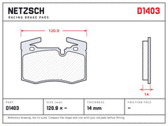 NETZSCH D1403 brake pad drawing, 14 mm thick