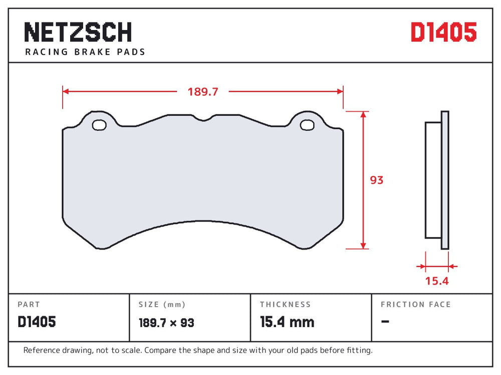 NETZSCH D1405 brake pad drawing, 15.4 mm thick