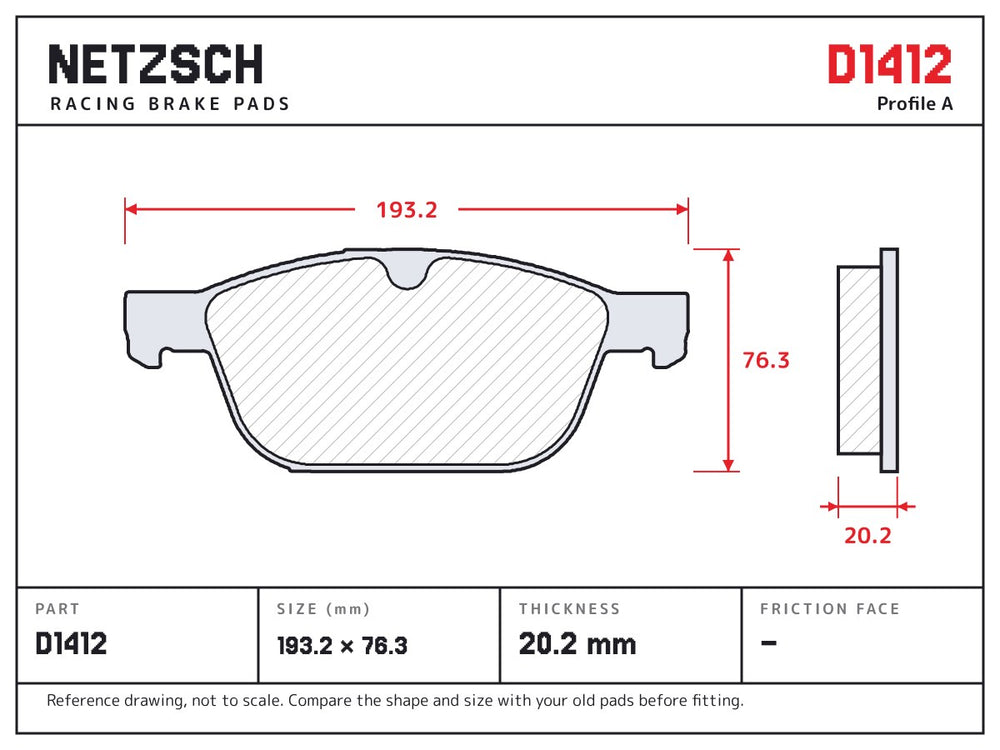 NETZSCH D1412 brake pad drawing, 20.2 mm thick