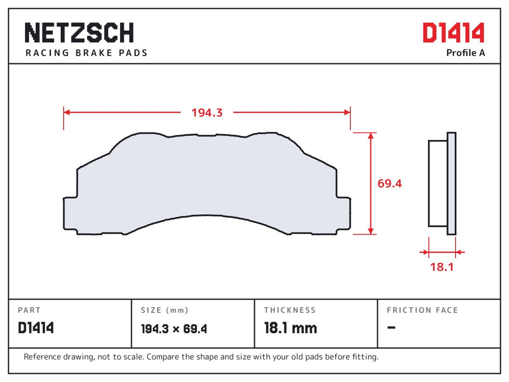 NETZSCH D1414 brake pad drawing, 18.1 mm thick