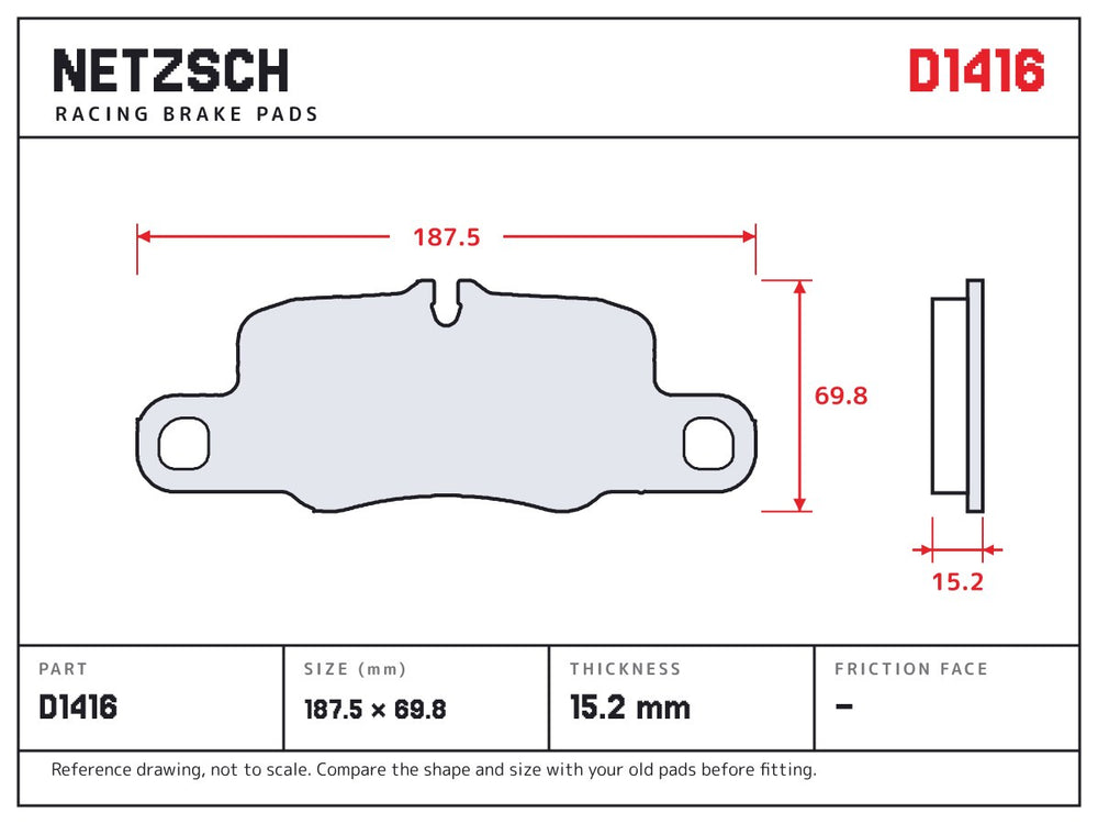 NETZSCH D1416 brake pad drawing, 15.2 mm thick