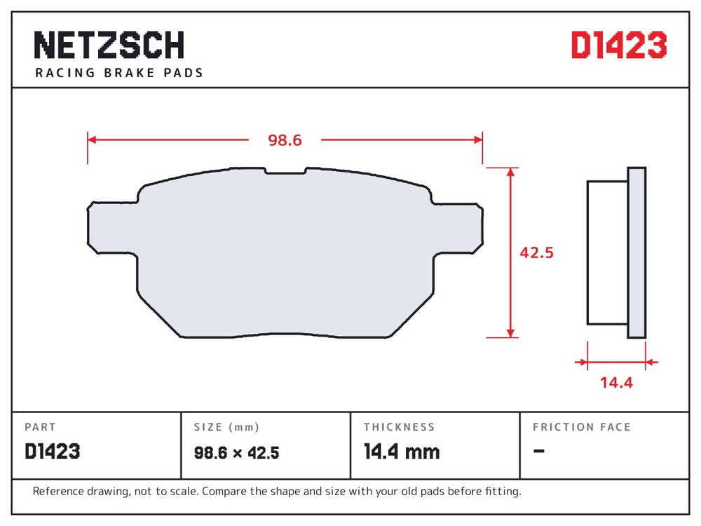 NETZSCH D1423 brake pad drawing, 14.4 mm thick