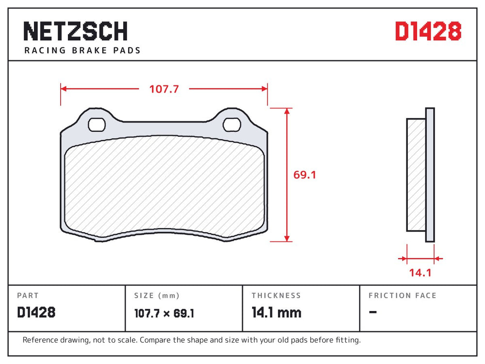 NETZSCH D1428 brake pad drawing, 14.1 mm thick