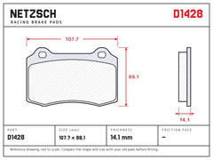 NETZSCH D1428 brake pad drawing, 14.1 mm thick
