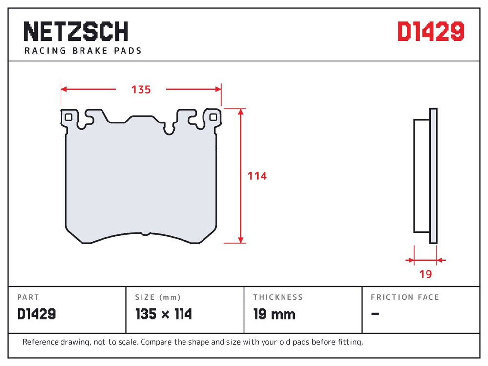 NETZSCH D1429 brake pad drawing, 19 mm thick