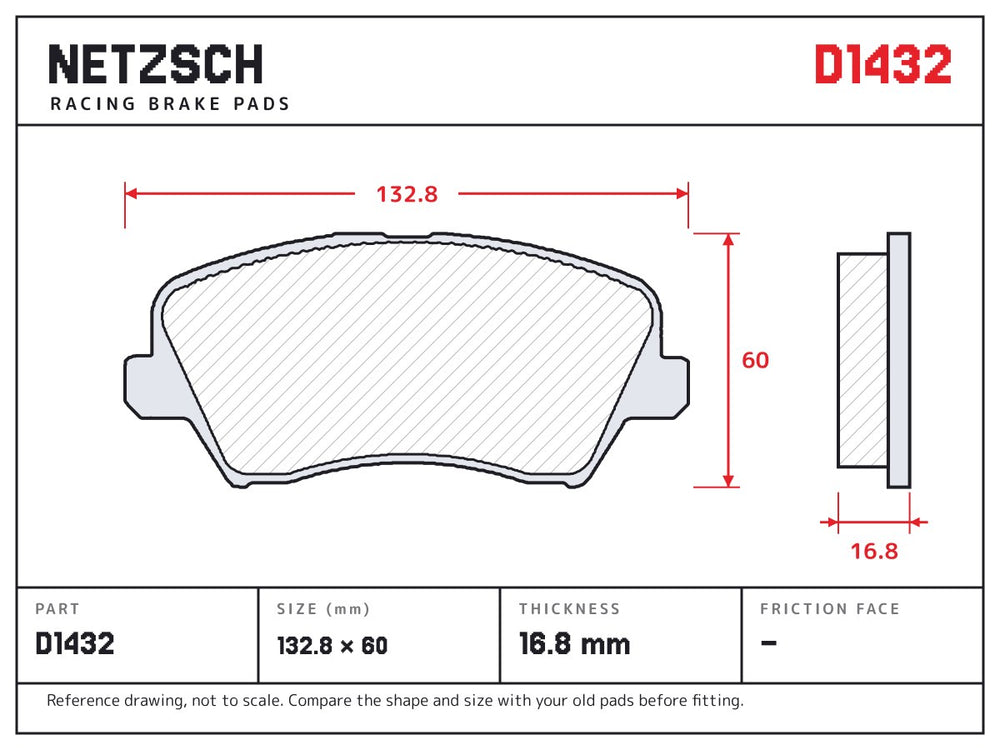NETZSCH D1432 brake pad drawing, 16.8 mm thick