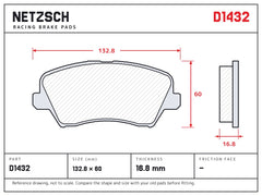 NETZSCH D1432 brake pad drawing, 16.8 mm thick