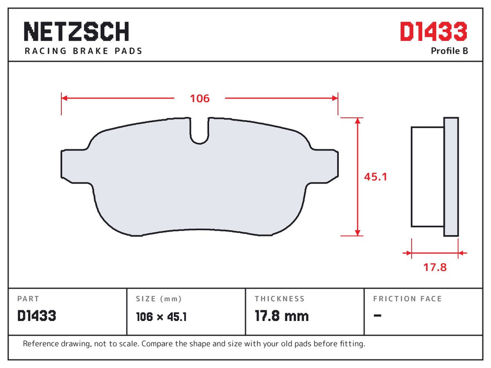 NETZSCH D1433 brake pad drawing, 17.8 mm thick