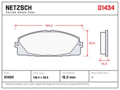 NETZSCH D1434 brake pad drawing, 15.3 mm thick