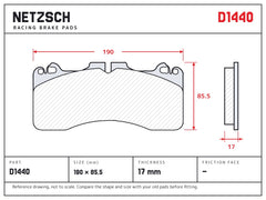 NETZSCH D1440 brake pad drawing, 17 mm thick