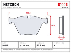 NETZSCH D1443 brake pad drawing, 20.3 mm thick