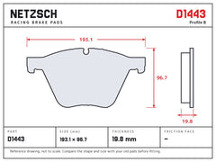 NETZSCH D1443 brake pad drawing, 19.8 mm thick