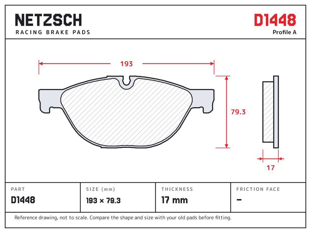 NETZSCH D1448 brake pad drawing, 17 mm thick