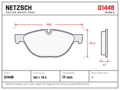 NETZSCH D1448 brake pad drawing, 17 mm thick