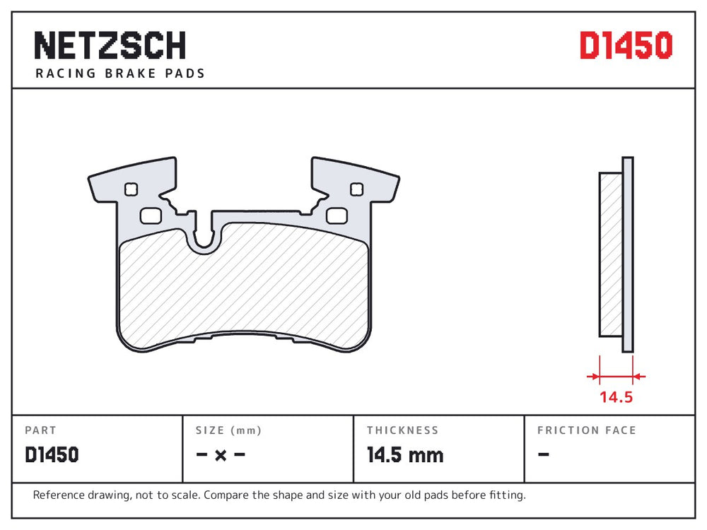NETZSCH D1450 brake pad drawing, 14.5 mm thick