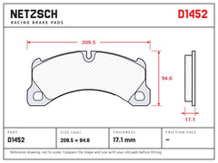 NETZSCH D1452 brake pad drawing, 17.1 mm thick