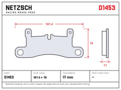 NETZSCH D1453 brake pad drawing, 17 mm thick