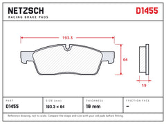 NETZSCH D1455 brake pad drawing, 19 mm thick