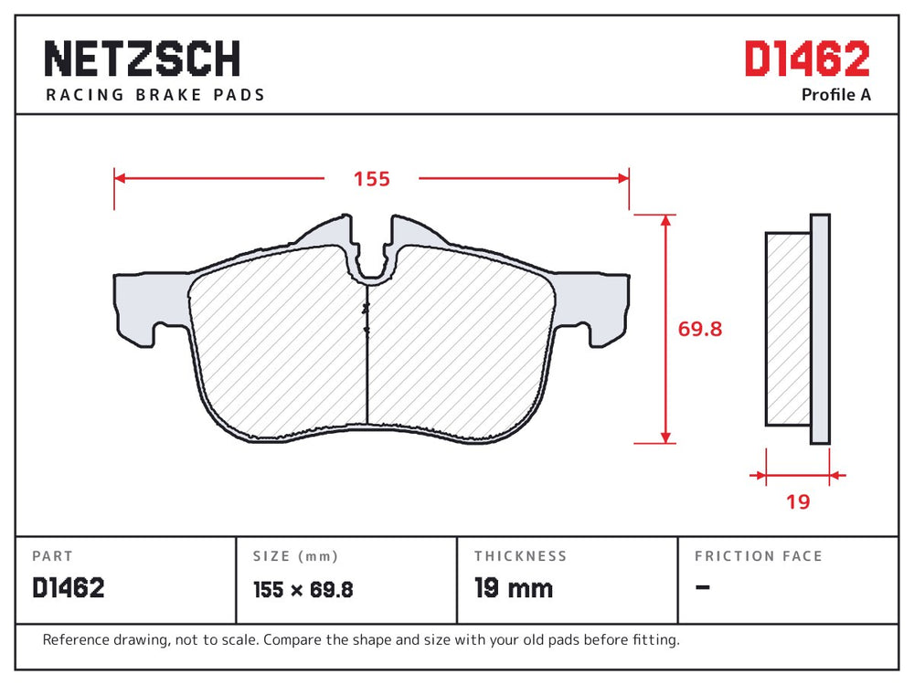 NETZSCH D1462 brake pad drawing, 19 mm thick