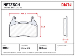 NETZSCH D1474 brake pad drawing, 15.6 mm thick