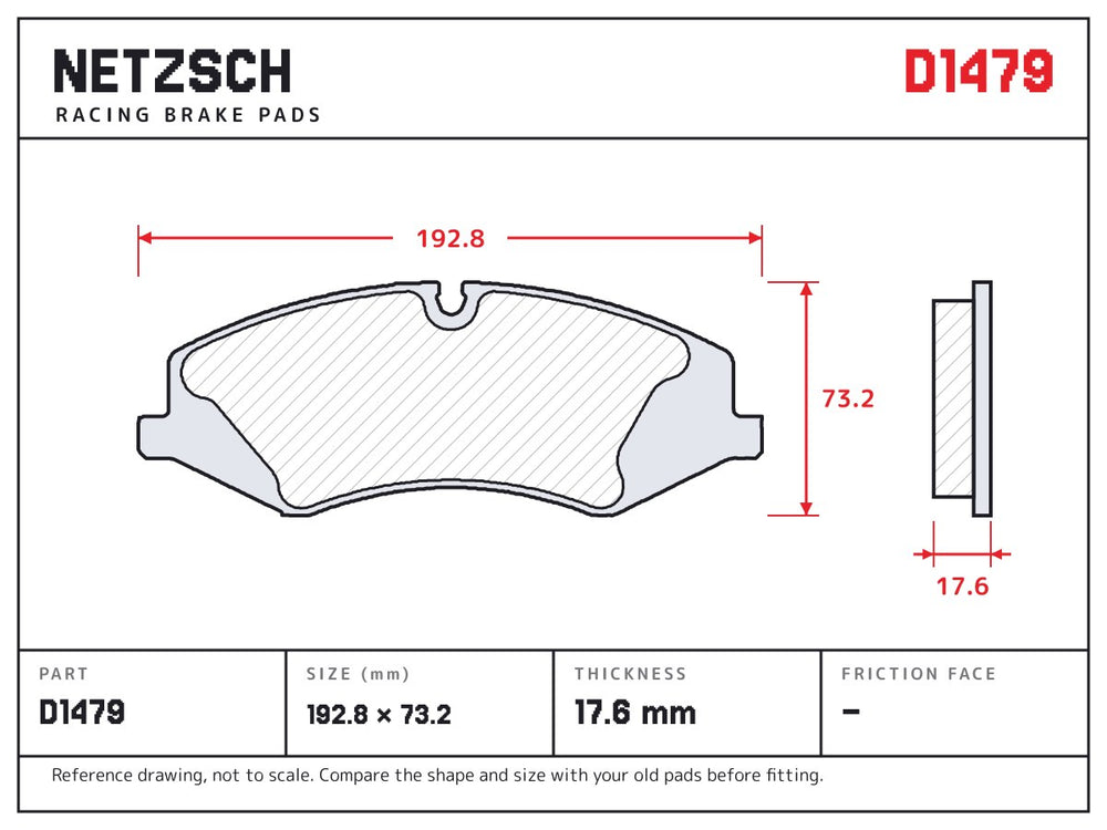 NETZSCH D1479 brake pad drawing, 17.6 mm thick