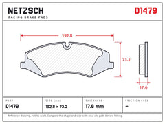 NETZSCH D1479 brake pad drawing, 17.6 mm thick