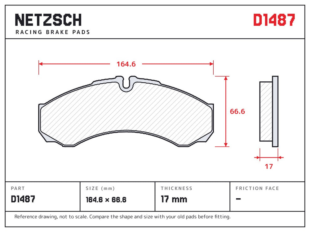 NETZSCH D1487 brake pad drawing, 17 mm thick