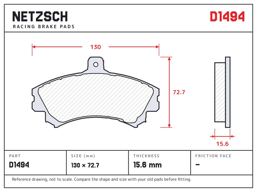 NETZSCH D1494 brake pad drawing, 15.6 mm thick