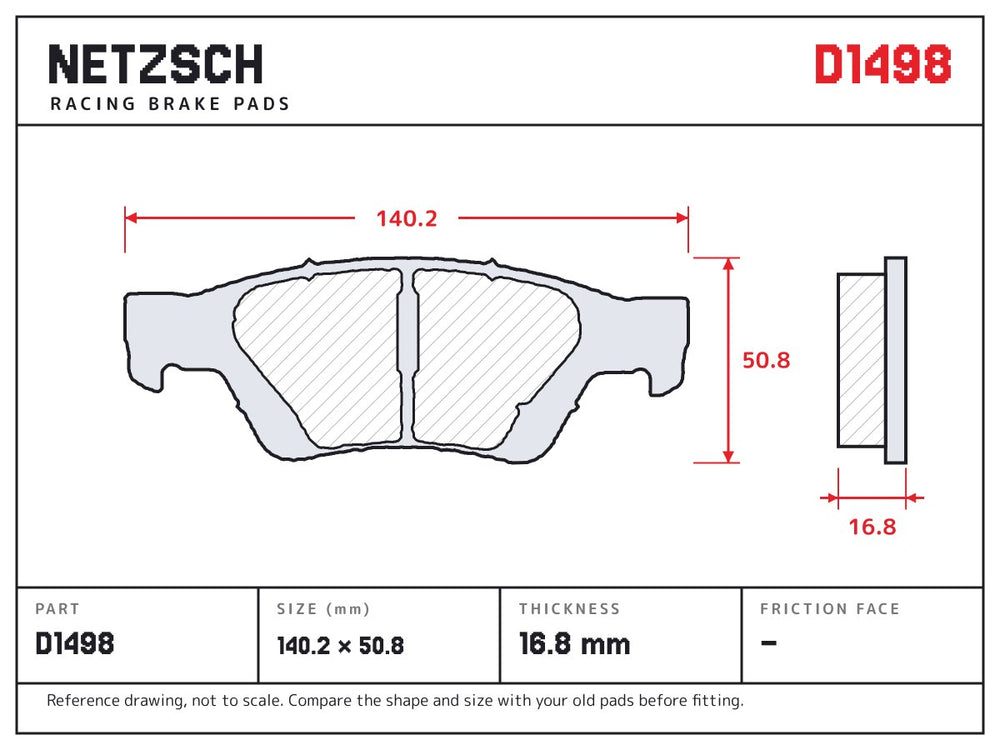 NETZSCH D1498 brake pad drawing, 16.8 mm thick
