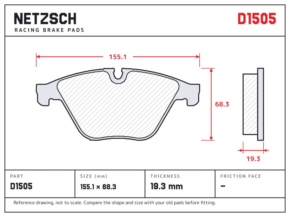 NETZSCH D1505 brake pad drawing, 19.3 mm thick