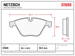 NETZSCH D1505 brake pad drawing, 19.3 mm thick