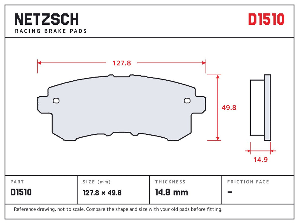 NETZSCH D1510 brake pad drawing, 14.9 mm thick