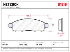 NETZSCH D1519 brake pad drawing, 16 mm thick