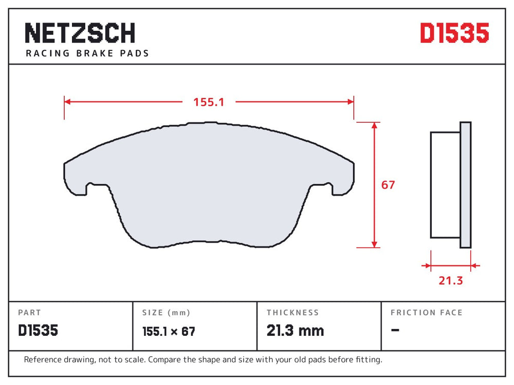 NETZSCH D1535 brake pad drawing, 21.3 mm thick