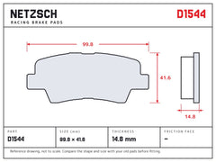 NETZSCH D1544 brake pad drawing, 14.8 mm thick