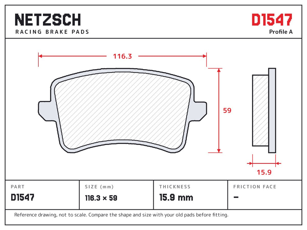 NETZSCH D1547 brake pad drawing, 15.9 mm thick