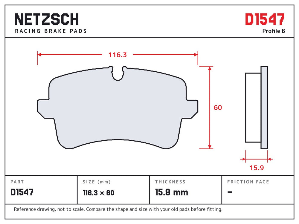 NETZSCH D1547 brake pad drawing, 15.9 mm thick