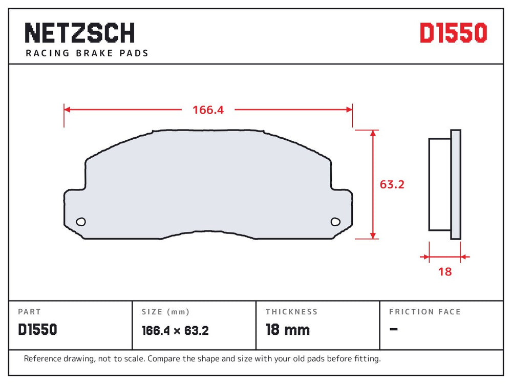 NETZSCH D1550 brake pad drawing, 18 mm thick