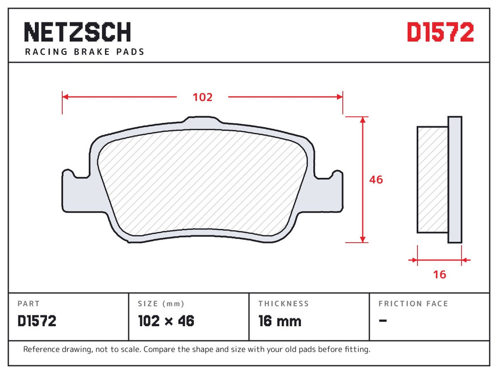 NETZSCH D1572 brake pad drawing, 16 mm thick