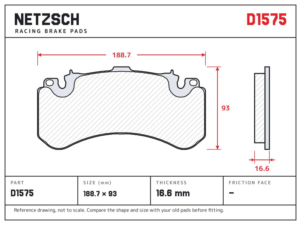 NETZSCH D1575 brake pad drawing, 16.6 mm thick
