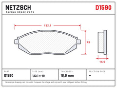 NETZSCH D1590 brake pad drawing, 16.9 mm thick