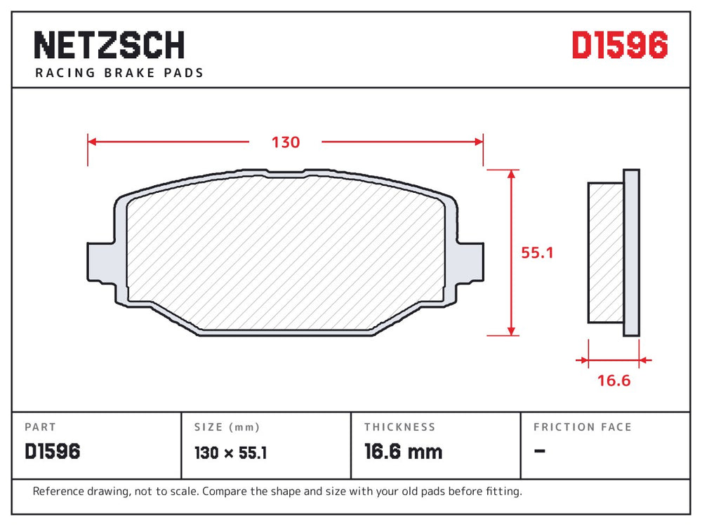 NETZSCH D1596 brake pad drawing, 16.6 mm thick