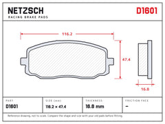 NETZSCH D1601 brake pad drawing, 16.8 mm thick