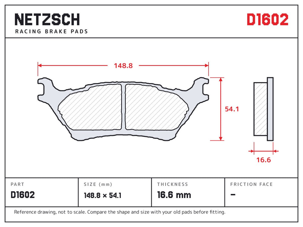 NETZSCH D1602 brake pad drawing, 16.6 mm thick