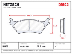 NETZSCH D1602 brake pad drawing, 16.6 mm thick
