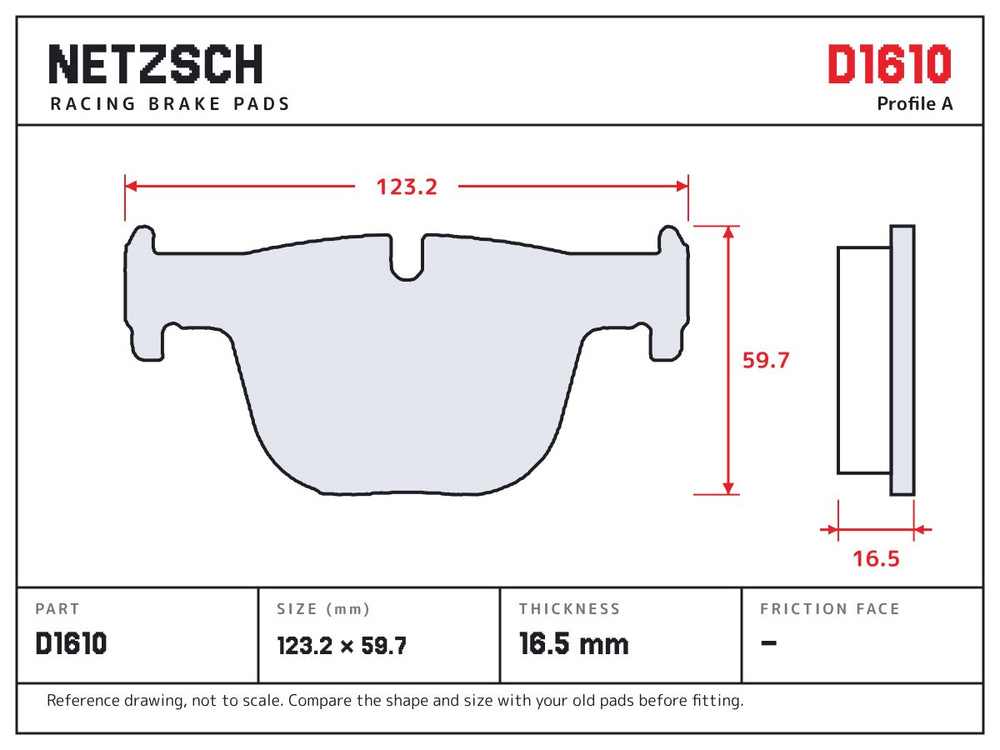 NETZSCH D1610 brake pad drawing, 16.5 mm thick