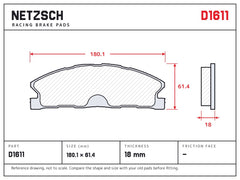 NETZSCH D1611 brake pad drawing, 18 mm thick