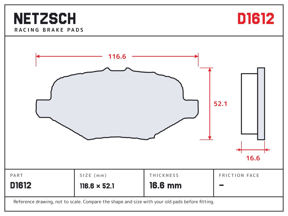 NETZSCH D1612 brake pad drawing, 16.6 mm thick