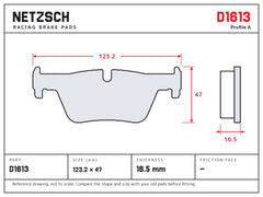 NETZSCH D1613 brake pad drawing, 16.5 mm thick